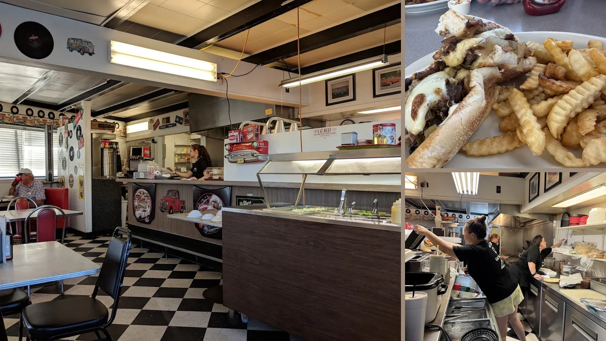Casual American restaurant dining room with simple tables.