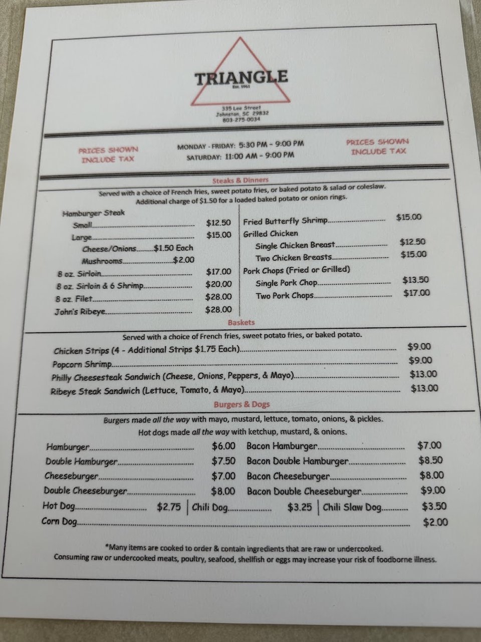 Menu board with classic American lunch choices.
